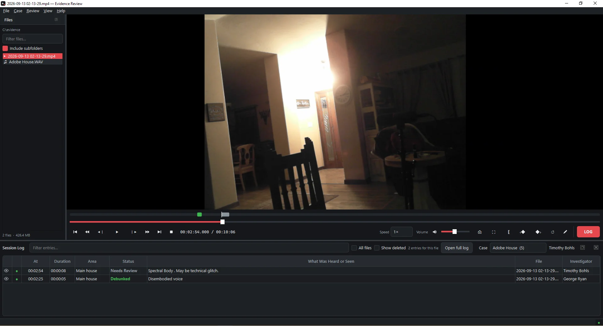 Evidence Review playing night-vision footage of a house interior, with tagged events on a strip under the timeline and a session log of timestamped observations